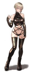 Rule 34 | 1girl, bare shoulders, black footwear, black thighhighs, blonde hair, blush, boots, breasts, crop top, cross-laced footwear, elbow gloves, full body, gloves, hand on own thigh, hand up, highres, kilye kairi, lace-up boots, large breasts, leather, looking at viewer, midriff, navel, original, shadow, short hair, simple background, solo, standing, thighhighs, white background