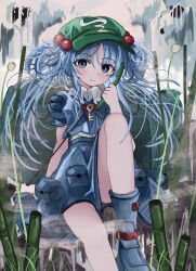 Rule 34 | 1girl, :3, absurdres, backpack, bag, bamboo, blue eyes, blue footwear, blue hair, blue shorts, blue skirt, boots, closed mouth, commentary, cucumber, english commentary, flat cap, green hat, hair bobbles, hair ornament, hat, highres, kawashiro nitori, key, long hair, looking back, ougiikun, outdoors, pocket, rubber boots, short sleeves, shorts, skirt, smile, solo, touhou, two side up