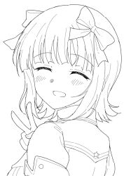 Rule 34 | 1girl, bow, closed eyes, from behind, greyscale, hair bow, idolmaster, looking at viewer, medium hair, monochrome, open mouth, perapera, salute, smile, two-finger salute