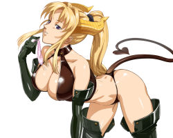 Rule 34 | 1girl, all fours, bible black, bikini, black gloves, black thighhighs, blonde hair, bondage outfit, breasts, brown bikini, carrera (viper), cleavage, condom, cosplay, demon girl, demon horns, demon tail, elbow gloves, gloves, hair intakes, hand up, holding, holding condom, horns, large breasts, long hair, looking at viewer, o/p.com, ponytail, purple eyes, saeki kaori, sidelocks, simple background, smile, solo, swimsuit, tail, thighhighs, thong, used condom, viper gts, white background, wide hips