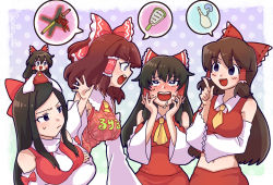 Rule 34 | 5girls, :d, apron, black eyes, black hair, blunt bangs, blush, border, bow, breasts, bright pupils, brown hair, character name, clothes writing, commentary request, cookie (touhou), detached sleeves, drooling, frilled bow, frilled hair tubes, frills, grater, hair between eyes, hair bow, hair tubes, hakurei reimu, hotaruda (cookie), katana, long hair, looking at another, looking to the side, medium breasts, medium hair, mini person, minigirl, multiple girls, navel, necktie, noel (cookie), nose blush, odennoden, open mouth, pink apron, red bow, red shirt, red skirt, rurima (cookie), scarf, shinonome (cookie), shiromiya rei, shirt, skirt, skirt set, sleeveless, sleeveless shirt, sleeves past wrists, smile, sword, touhou, twitter username, upper body, weapon, white border, white pupils, white scarf, white sleeves, yellow neckwear