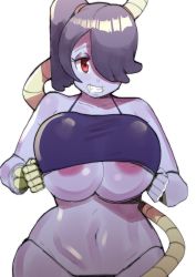 Rule 34 | 1girl, absurdres, alternate breast size, areola slip, breasts, colored skin, curvy, doublehero, grin, hair over one eye, highres, huge breasts, large breasts, navel, purple hair, purple skin, red eyes, side ponytail, skeletal arm, skullgirls, smile, solo, squigly (skullgirls), stitched mouth, stitches, thong, underboob, upper body, white background, wide hips