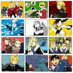 Rule 34 | +++, 5girls, 6+boys, :d, alphonse elric, androgynous, annoyed, apron, aqua background, armor, automail, back turned, bandana, black eyes, black hair, black shirt, blade, blonde hair, blue background, blue eyes, blush, braid, brothers, brown hair, chinese clothes, christmas tree, clenched hands, coat, cuffs, edward elric, embarrassed, closed eyes, frown, full armor, fullmetal alchemist, gloves, green background, greyscale, grin, hair over one eye, hair ribbon, hand on own cheek, hand on own face, handcuffs, hood, hooded jacket, jacket, lan fan, ling yao, long hair, looking at another, looking at viewer, looking away, looking back, looking up, m/, may chang, military, military uniform, monochrome, multiple boys, multiple girls, multiple persona, nervous, night, official style, olivier mira armstrong, one eye closed, open mouth, orange background, panels, ponytail, red background, red coat, reindeer, ribbon, roy mustang, serious, shaded face, shadow, shirt, siblings, sky, smile, sparkle, sparkle background, sparkling eyes, star (sky), starry sky, sweatdrop, sword, thought bubble, translation request, tree, two-tone background, uniform, weapon, winry rockbell, xiao-mei, yellow background, yellow eyes