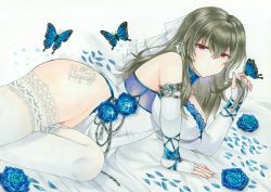 Rule 34 | 1girl, absurdres, azur lane, blue butterfly, blue flower, blue ribbon, blue rose, blue scarf, breasts, bug, butterfly, cleavage, cross, cross earrings, dress, earrings, elbow gloves, evening gown, fingerless gloves, flower, gloves, grey hair, highres, insect, jewelry, lace, lace-trimmed legwear, lace trim, large breasts, long hair, lying, mole, mole under eye, official alternate costume, on side, red eyes, ribbon, rose, saint-louis (azur lane), saint-louis (holy knight&#039;s resplendence) (azur lane), saint-louis (holy knight&#039;s resplendence) (azur lane), scarf, sleeveless, sleeveless dress, solo, strapless, strapless dress, thighhighs, traditional media, whipberry, white dress, white gloves, white thighhighs