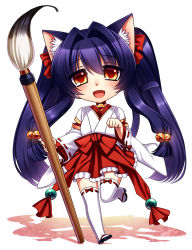 Rule 34 | 1girl, :d, animal ears, bell, black hair, calligraphy brush, cat ears, cat tail, collar, hakama, hakama short skirt, hakama skirt, highres, japanese clothes, konshin, long hair, miko, neck bell, open mouth, original, paintbrush, red eyes, ribbon-trimmed legwear, ribbon-trimmed sleeves, ribbon trim, skirt, smile, solo, tail, thighhighs, twintails, white thighhighs