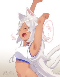 Rule 34 | 1girl, absurdres, armpits, arms up, closed eyes, dark-skinned female, dark skin, highres, long hair, long sleeves, navel, open mouth, original, owasaki, signature, solo, sports bra, stretching, tail, tears, white background, white hair, wolf girl, wolf tail, yawning