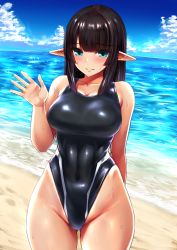 Rule 34 | 1girl, aqua eyes, beach, black hair, black one-piece swimsuit, blunt bangs, blush, breasts, cloud, collarbone, commentary request, competition swimsuit, covered navel, cowboy shot, curvy, day, elf, gluteal fold, hand up, highleg, highleg swimsuit, ishimiso (ishimura), large breasts, long hair, looking at viewer, navel, ocean, one-piece swimsuit, original, outdoors, pointy ears, smile, solo, standing, swimsuit, waving, wet, wide hips