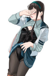 Rule 34 | 1girl, absurdres, black hair, black leotard, black pantyhose, blue hairband, blue shirt, blue skirt, breasts, clothes lift, covering own eyes, glasses, hairband, highres, kantai collection, layered sleeves, leotard, leotard under clothes, lifting own clothes, long hair, long sleeves, ojipon, ooyodo (kancolle), open clothes, open shirt, pantyhose, pleated skirt, sailor collar, sailor shirt, school uniform, serafuku, shirt, short over long sleeves, short sleeves, simple background, skirt, skirt lift, small breasts, solo, strapless, strapless leotard, undershirt, white background