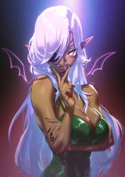 Rule 34 | + +, 1girl, arm under breasts, black nails, breasts, cleavage, commission, dark-skinned female, dark skin, dress, eyepatch, fangs, gradient background, green dress, highres, kionaoki, long hair, looking at viewer, nail polish, original, pointy ears, solo, tongue, tongue out, upper body, white hair, yellow eyes