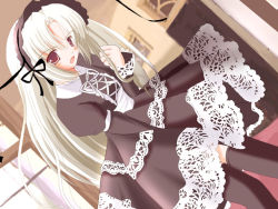 Rule 34 | 1girl, black thighhighs, blush, dress, game cg, gothic lolita, hairband, lace, lace-trimmed dress, lace trim, lolita fashion, lolita hairband, open mouth, thighhighs