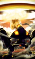 Rule 34 | 1boy, commentary request, explosion, from behind, highres, male focus, mega man (classic), mega man (series), mega man 5, napalm man, napo, outdoors, smoke, solo