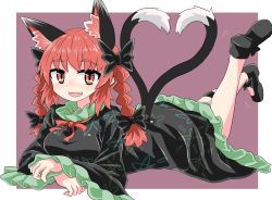 Rule 34 | 1girl, animal ears, black bow, black dress, black footwear, black legwear, black tail, border, bow, braid, breasts, brown background, cat ears, cat tail, chups, dress, extra ears, fang, frilled dress, frilled sleeves, frills, full body, hair bow, heart, heart tail, highres, kaenbyou rin, leg up, long sleeves, lying, medium hair, multiple tails, nekomata, on stomach, open mouth, red eyes, red hair, red neckwear, simple background, smile, solo, tail, the pose, touhou, twin braids, two tails, white border, wide sleeves