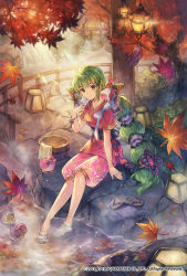 Rule 34 | 1girl, animal print, autumn leaves, barefoot, bird, bow, bracelet, bucket, butterfly print, commentary request, company name, day, duck, fence, finger to mouth, green eyes, green hair, hair bow, hair ornament, hair stick, highres, japanese clothes, jewelry, lantern, leaf, long hair, looking at viewer, maple leaf, multi-tied hair, obi, official art, outdoors, puffy shorts, rock, romancing saga re;universe, sandals, unworn sandals, sash, short sleeves, shorts, sitting, smile, soaking feet, solo, soriya, stream, tasuki, towel, tree, very long hair, virginia knights, water, wooden bucket