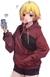 Rule 34 | 1girl, absurdres, ahoge, black bag, black shorts, blonde hair, cellphone, chewing gum, commentary, hand in pocket, highres, hitozche, holding, holding phone, hololive, hololive indonesia, hood, hoodie, jacket, kaela kovalskia, long sleeves, phone, red eyes, red hoodie, red jacket, short hair, shorts, smartphone, solo, text messaging, virtual youtuber, white background