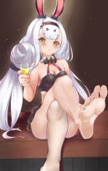 Rule 34 | 1girl, animal ears, azur lane, barefoot, blush, breasts, cleavage, crossed legs, cup, drinking glass, feet, hairband, highres, long hair, looking at viewer, rabbit ears, shimakaze (azur lane), shimakaze (world&#039;s speediest bunny waitress) (azur lane), silver hair, sitting, smile, soles, toes, wine glass, yellow eyes