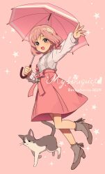 Rule 34 | 1girl, :d, arisa (aren), blush, brown footwear, cat, commentary request, flower, full body, hair flower, hair ornament, high heels, highres, holding, holding umbrella, long sleeves, looking at viewer, makanon records, masaki kanon, open mouth, outstretched arm, pink background, pink hair, pink ribbon, pink skirt, pink umbrella, purple eyes, ribbon, shirt, short hair, skirt, smile, solo, sparkle, standing, star (symbol), umbrella, virtual youtuber, white shirt