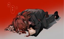 Rule 34 | 1boy, all fours, black footwear, black jacket, black pants, black socks, blood, blood drip, blood on face, blood on hands, brown hair, clenched hand, commentary request, dripping, fingernails, formal, full body, gradient background, highres, ichijou seiya, jacket, kaiji, long hair, male focus, pants, pool of blood, red background, shoes, siralkali, socks, solo, suit