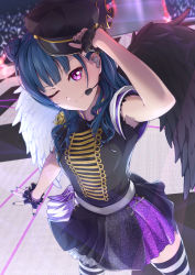 Rule 34 | 1girl, ;), angel wings, arm up, black headwear, black nails, black shirt, black wings, blue hair, concert, earpiece, epaulettes, feathered wings, fingerless gloves, gloves, hair bun, hand on own head, hat, headset, highres, idol, long hair, love live!, love live! sunshine!!, microphone, military, military hat, military uniform, nail polish, one eye closed, outstretched hand, pink eyes, prbili, shirt, short sleeves, single epaulette, single hair bun, skirt, smile, stage, standing, striped clothes, striped thighhighs, thighhighs, tilted headwear, translation request, tsushima yoshiko, two-tone wings, uniform, white wings, wings, zettai ryouiki