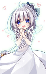 Rule 34 | 1girl, ahoge, azur lane, bag, blue eyes, child, dress, fairy wings, fake wings, hat, heart, little illustrious (azur lane), looking at viewer, open mouth, own hands together, short hair, silver hair, simple background, smile, solo, usume shirou, white background, white dress, white hat, wings