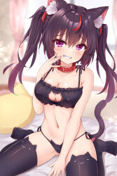 Rule 34 | 1girl, absurdres, animal ear fluff, animal ears, bed, black hair, black thighhighs, blush, breasts, cat-shaped pillow, cat cutout, cat ears, cat girl, cat tail, cleavage, cleavage cutout, clothing cutout, collar, commentary request, fang, grin, highres, kazuneko-chan, kazuneko (wktk1024), long hair, looking at viewer, medium breasts, multicolored hair, navel, on bed, original, purple eyes, red collar, red hair, sitting, smile, solo, streaked hair, tail, teeth, thighhighs, twintails