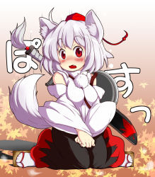 Rule 34 | 1girl, animal ears, bare shoulders, blush, detached sleeves, female focus, hat, inubashiri momiji, looking at viewer, red eyes, scabbard, sheath, sheathed, shield, short hair, silver hair, sitting, solo, sword, tail, tanasuke, tokin hat, touhou, weapon, wide sleeves, wolf ears, wolf tail