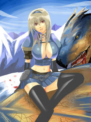 Rule 34 | 1girl, :d, armor, azure (armor), bad id, bad pixiv id, belt, belt bra, belt pouch, between breasts, black thighhighs, blood, breasts, capcom, cleavage, cloud, crop top, cross, day, elbow gloves, fantasy, gloves, grin, hairband, head tilt, highres, huge breasts, large breasts, latin cross, lips, long hair, looking at viewer, looking back, midriff, monster hunter, monster hunter (series), monster hunter frontier, mountain, nanami ka zu sa, nanami kazusa, nanamix, nature, navel, no bra, open clothes, open mouth, open shirt, outdoors, panties, pantyshot, pleated skirt, pouch, red eyes, riding, scar, shirt, silver hair, sitting, skirt, sky, slit pupils, smile, snow, solo, strap, teeth, thighhighs, tigrex, turtleneck, underwear, upskirt, white panties, wide hips, wings, yellow eyes