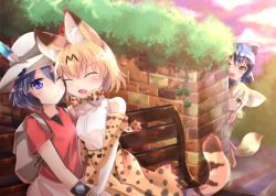 Rule 34 | 10s, 4girls, animal ears, backpack, bag, black gloves, black hair, blonde hair, blush, bow, bowtie, brown eyes, bucket hat, commentary request, common raccoon (kemono friends), cross-laced clothes, elbow gloves, closed eyes, fennec (kemono friends), fox ears, fur collar, gloves, hat, hat feather, higashimura, high-waist skirt, japari symbol, kaban (kemono friends), kemono friends, lucky beast (kemono friends), multicolored hair, multiple girls, one eye closed, open mouth, raccoon ears, raccoon tail, red shirt, serval (kemono friends), serval print, serval tail, shirt, short hair, short sleeves, skirt, sleeveless, sleeveless shirt, striped tail, tail