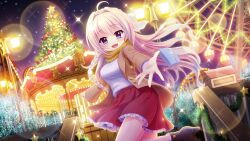 Rule 34 | 1girl, ahoge, amusement park, bag, black footwear, blonde hair, blue bag, blue eyes, braid, breasts, brown coat, buttons, carousel, christmas lights, christmas tree, coat, dot nose, dutch angle, ferris wheel, film grain, frilled skirt, frills, game cg, hair intakes, handbag, high heels, izumi tsubasu, large breasts, lens flare, long braid, long hair, long sleeves, looking at viewer, mole, mole under each eye, mole under eye, multiple moles, night, night sky, non-web source, official art, open mouth, outdoors, re:stage!, reaching, reaching towards viewer, red skirt, roller coaster, scarf, shiratori amaha (re:stage!), shirt, single braid, skirt, sky, smile, solo, sparkle, standing, standing on one leg, star (sky), star (symbol), starry sky, tinsel, white shirt, yellow scarf