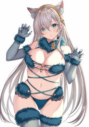 Rule 34 | 1girl, anastasia (fate), animal ear fluff, animal ears, bare shoulders, blue eyes, blush, breasts, cleavage, cosplay, elbow gloves, fate/grand order, fate (series), fur-trimmed gloves, fur-trimmed legwear, fur collar, fur trim, gloves, hair over one eye, hairband, halloween costume, harimoji, highres, large breasts, looking at viewer, mash kyrielight, mash kyrielight (dangerous beast), mash kyrielight (dangerous beast) (cosplay), navel, o-ring, official alternate costume, revealing clothes, silver hair, solo, tail, thighhighs, white background, wolf ears, wolf tail