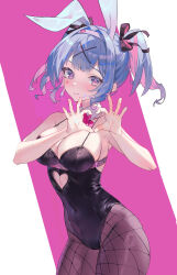 Rule 34 | 1girl, absurdres, animal ears, bare shoulders, black leotard, blue eyes, blue hair, blush, bow, bowtie, breasts, detached collar, duzizai, fake animal ears, hair ornament, hatsune miku, heart, highres, large breasts, leotard, looking at viewer, pantyhose, playboy bunny, pure pure (rabbit hole), rabbit ears, rabbit hole (vocaloid), smile, solo, teardrop facial mark, twintails, vocaloid, x hair ornament