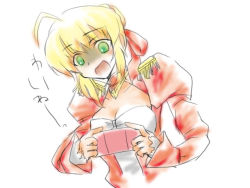 Rule 34 | 10s, 1girl, ahoge, bad id, bad pixiv id, blonde hair, braid, breasts, cleavage, cleavage cutout, clothing cutout, dress, epaulettes, fate/extra, fate (series), french braid, green eyes, handheld game console, mizuki kou, nero claudius (fate), nero claudius (fate), nero claudius (fate/extra), playstation portable, rihakuun, solo