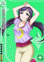 Rule 34 | 10s, 1girl, aqua eyes, arms up, blush, breasts, card (medium), character name, cleavage, collarbone, crescent, crescent moon, diamond (shape), green background, grin, hair tie, jpeg artifacts, layered clothes, leg up, legs up, looking at viewer, love live!, love live! school idol festival, love live! school idol project, low twintails, moon, official art, own hands together, pants, parted bangs, pink footwear, purple hair, shirt, shoes, short sleeves, smile, solo, standing, standing on one leg, star (symbol), t-shirt, tank top, tojo nozomi, twintails