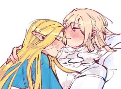 2girls blonde_hair blue_robe blush closed_eyes closed_mouth commentary cuddling dohwa110 dungeon_meshi elf falin_touden falin_touden_(tallman) feathers hand_on_another&#039;s_back long_hair marcille_donato multiple_girls pointy_ears robe short_hair solo symbol-only_commentary white_background yuri