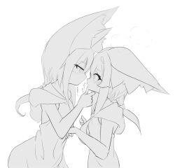 Rule 34 | 2girls, absurdres, animal ear fluff, animal ears, bare arms, blush, closed mouth, eye contact, from side, hair between eyes, highres, hood, hood down, hoodie, idaten93, incest, long hair, looking at another, low ponytail, multiple girls, original, parted lips, ponytail, profile, siblings, simple background, sisters, sleeveless, sleeveless hoodie, terufu-chan, teruteru-chan, translation request, very long hair, white background
