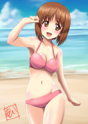 Rule 34 | 10s, 1girl, beach, bikini, bob cut, breasts, brown eyes, brown hair, cleavage, cloud, cowboy shot, day, girls und panzer, highres, horizon, looking to the side, medium breasts, navel, nishizumi miho, ocean, open mouth, outdoors, short hair, signature, sky, smile, solo, swimsuit, t k