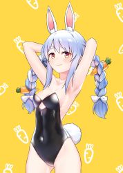 Rule 34 | 1girl, absurdres, animal ears, armpits, arms behind head, artpatient, black leotard, blue hair, braid, breasts, cleavage, closed mouth, commentary request, covered navel, cowboy shot, highres, hololive, leotard, long hair, multicolored hair, orange eyes, playboy bunny, rabbit-shaped pupils, rabbit ears, rabbit girl, rabbit tail, short eyebrows, small breasts, smile, solo, strapless, strapless leotard, symbol-shaped pupils, tail, thick eyebrows, twin braids, twintails, two-tone hair, usada pekora, usada pekora (1st costume), virtual youtuber, white hair