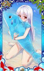 Rule 34 | 1girl, barefoot, beach, blush, fish, framed, inflatable dolphin, inflatable toy, long hair, omc, one-piece swimsuit, school swimsuit, see-through, silver hair, sitting, solo, swimsuit, toriatto gununu, wariza, water, white school swimsuit, white one-piece swimsuit