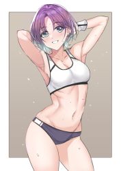 Rule 34 | 1girl, absurdres, ahoge, aqua eyes, armpits, arms up, artist request, asakura toru, black hair, blue hair, breasts, commentary request, earrings, gradient hair, grey background, highres, idolmaster, idolmaster shiny colors, jewelry, looking at viewer, medium breasts, multicolored hair, navel, short hair, solo, sports bikini, sweat, tank top, thighs, track uniform, wristband