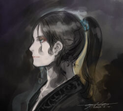 Rule 34 | 1boy, black hair, black robe, blue eyes, check copyright, close-up, commentary request, copyright request, dark background, dated, light smile, male focus, medium hair, ooyari ashito, original, pale skin, ponytail, profile, robe, signature, sketch, solo
