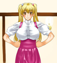Rule 34 | 1girl, anna miller, blonde hair, blush, breasts, hands on own hips, huge breasts, kamia (not found), large breasts, long hair, looking at viewer, matsuoka kiyone, orange eyes, original, solo, twintails, waitress