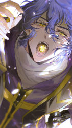Rule 34 | 1boy, black footwear, blue hair, blurry, crystal, depth of field, eyelashes, from above, glint, glowing, glowing petals, half-closed eyes, hands up, highres, huolou, huoloulou, kneeling, light particles, long sleeves, looking at viewer, looking up, male focus, open mouth, petals, purple hair, purple robe, robe, saibou shinkyoku, short hair, simple background, solo, sparkle, stole, teeth, tongue, turtleneck, utsugi noriyuki, wavy hair, white background, yellow eyes, yellow gemstone