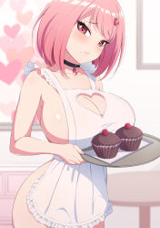 Rule 34 | 1girl, absurdres, apron, black choker, blush, breasts, choker, cleavage, closed mouth, collarbone, commentary request, cupcake, food, fruit, hair ornament, hairclip, heart, highres, holding, holding tray, indoors, large breasts, looking at viewer, mole, mole under eye, mole under mouth, naked apron, original, picture frame, pink eyes, pink hair, raspberry, sakamata (sakamata4), short hair, solo, standing, table, tray, white apron