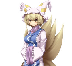 Rule 34 | 1girl, animal ears, bad id, bad pixiv id, blonde hair, breasts, female focus, fox ears, fox tail, hands in opposite sleeves, hat, large breasts, long hair, makot, multiple tails, ougi makoto, smile, solo, tail, touhou, yakumo ran, yellow eyes