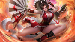 Rule 34 | &gt;:), 1girl, black hair, breasts, cleavage, collarbone, dual wielding, fire, folding fan, hand fan, high ponytail, highres, holding, large breasts, long hair, looking at viewer, nail polish, ninja, obi, panties, parted bangs, pelvic curtain, red eyes, red nails, red panties, revealing clothes, rope, sash, shiranui mai, smile, snk, solo, the king of fighters, tsurime, turewindwalker, underwear