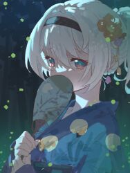 Rule 34 | 1girl, alternate costume, alternate hairstyle, amenoki, blue kimono, blue pupils, covering own mouth, earrings, firefly (honkai: star rail), flower, hair flower, hair intakes, hair ornament, hand fan, highres, honkai: star rail, honkai (series), japanese clothes, jewelry, kimono, looking at viewer, outdoors, paper fan, solo, uchiwa, updo, upper body, white hair