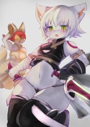 Rule 34 | 2girls, animal ears, boudica (fate), breasts, cat, cleavage, fate/grand order, fate (series), fox, furrfication, furry, green eyes, grey hair, holding, holding weapon, jack the ripper (fate/apocrypha), kyuuri, multicolored eyes, multiple girls, open mouth, red hair, scar, short hair, tail, thighhighs, waving, weapon, yellow eyes