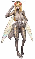 1girl :p antennae arthropod_girl black_sclera blonde_hair breasts bug character_request claws colored_sclera compound_eyes copyright_request extra_eyes female_focus highres insect_wings large_breasts monster_girl multicolored_hair navel no_nipples nude red_eyes simple_background smile solo sumosamo tongue tongue_out white_background wings