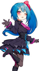 Rule 34 | 1girl, absurdres, black dress, black footwear, black gloves, blue hair, boots, commission, copyright request, dress, frilled dress, frills, gloves, highres, leg up, long hair, long sleeves, one eye closed, open mouth, pantyhose, red eyes, shadow, side ponytail, simple background, skeb commission, smile, solo, st (youx1119), white background