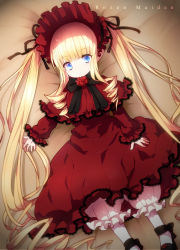Rule 34 | 1girl, bad id, bad pixiv id, blonde hair, bloomers, blue eyes, bonnet, bow, dress, drill hair, flower, highres, long hair, long sleeves, lying, mary janes, pantyhose, ribbon, rose, rozen maiden, shinku, shoes, solo, twintails, underwear, very long hair, white pantyhose, yamaki suzume