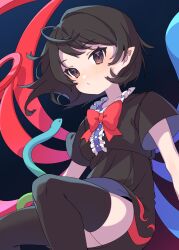 Rule 34 | 1girl, absurdres, asymmetrical wings, black dress, black hair, black thighhighs, blue wings, blush, buttons, center frills, dress, e sdss, feet out of frame, frills, highres, houjuu nue, pointy ears, red eyes, red wings, short hair, short sleeves, solo, thighhighs, touhou, wings